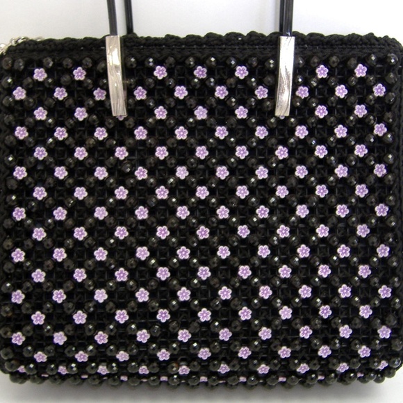 Black Fenghua Purse Pink Flower Beaded Tote Evening Handbag Silver Metal - Picture 4 of 8